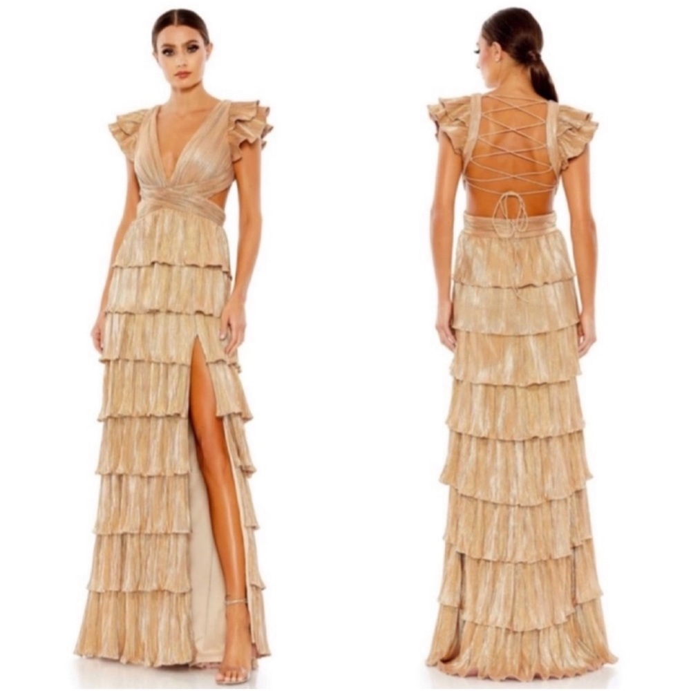 Mac Duggal Ruffle Tiered Criss Cross Lace Up Gown Maxi Dress 26740 Gold Size 2